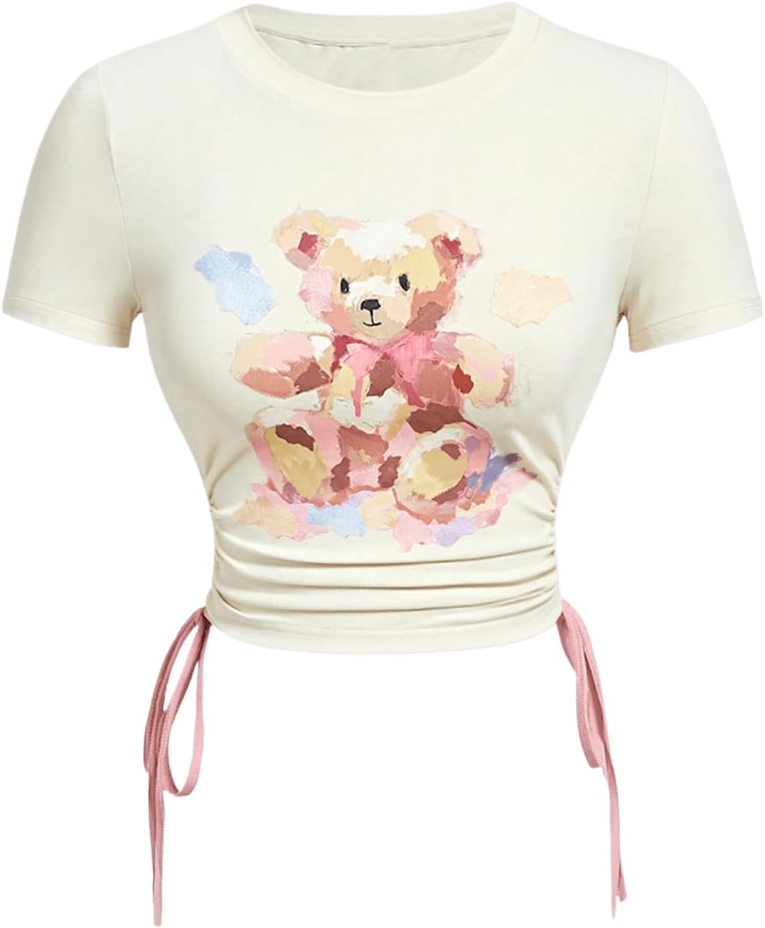 Women's Cartoon Bear Print Crop T Shirt Tie Side Ruched Tee Shirt Short Sleeve Crew Neck Top Apricot X-Small at Amazon Women's Clothing store