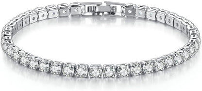 Moissanite Tennis Bracelet 4-Prong Dainty 2.5-4mm Size 8 Cubic Zirconia | Lab-created moissanite tennis bracelet with 4-prong CZ setting. dainty 2.5-4mm stones. size 8. golden-tone finish. brilliant