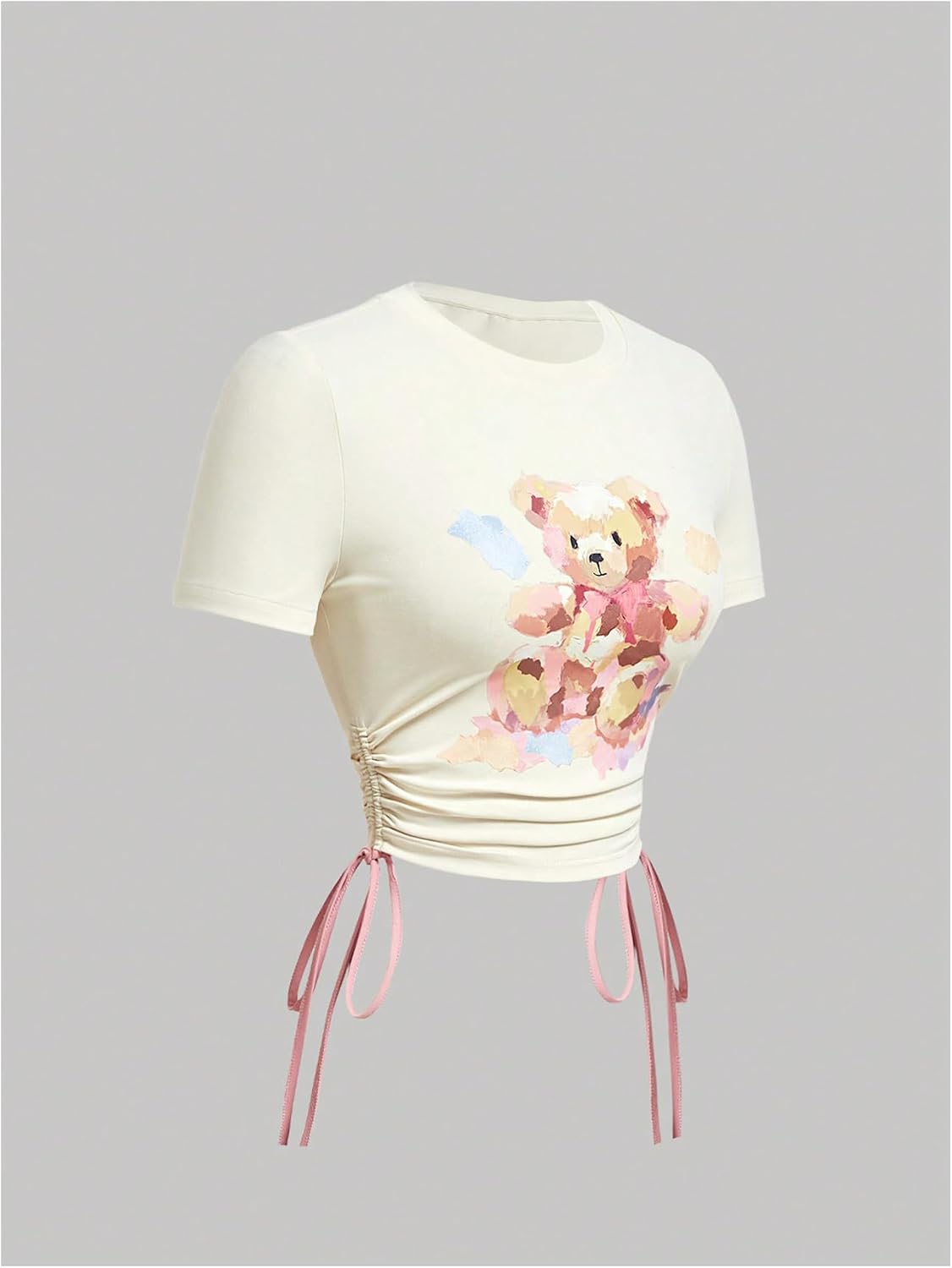 Women's Cartoon Bear Print Crop T Shirt Tie Side Ruched Tee Shirt Short Sleeve Crew Neck Top Apricot X-Small at Amazon Women's Clothing store
