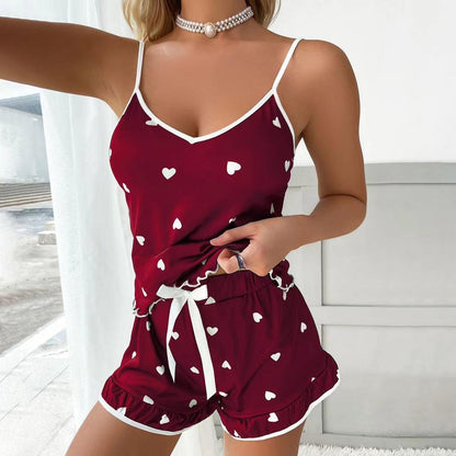 Women's Cami Pajama Set - 2 Pieces Cute Print Sleepwear with Spaghetti Strap Top and Ruffle Trim Shorts Lounge Set Black at Amazon Women's Clothing store