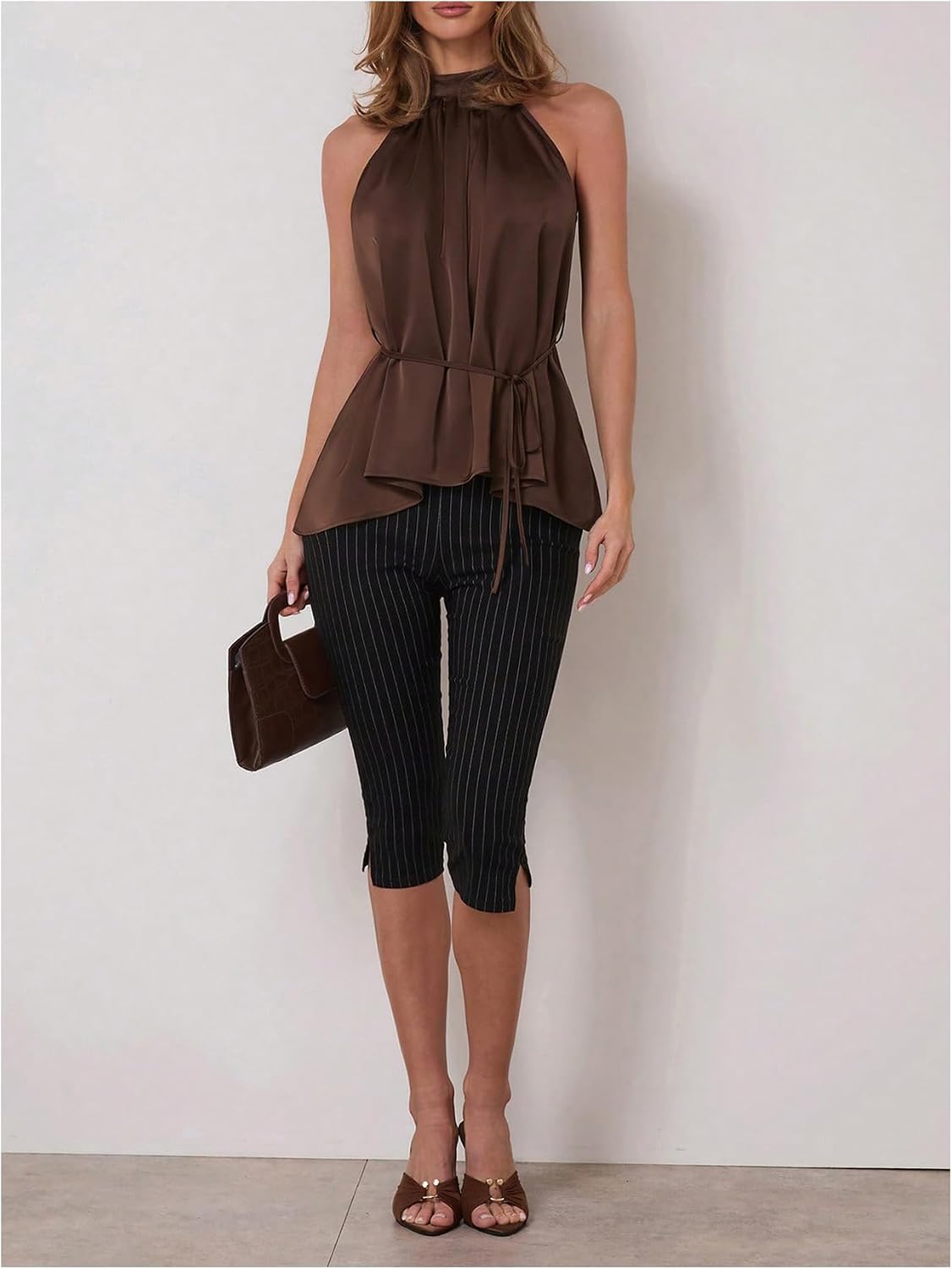 Women's Halter Tops Business Casual Dressy Sleeveless Work Shirts Brown Large at Amazon Women's Clothing store