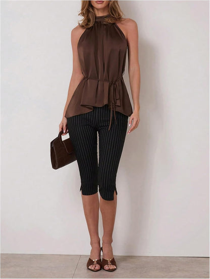Women's Halter Tops Business Casual Dressy Sleeveless Work Shirts Brown Large at Amazon Women's Clothing store