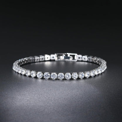 Moissanite Tennis Bracelet 4-Prong Dainty 2.5-4mm Size 8 Cubic Zirconia | Lab-created moissanite tennis bracelet with 4-prong CZ setting. dainty 2.5-4mm stones. size 8. golden-tone finish. brilliant