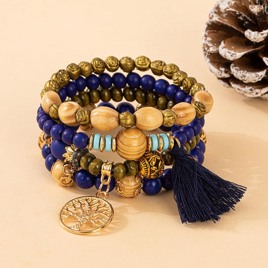 Bohemian Vintage Multicolor Wood Beaded Tassel Bracelet Kit ¨C Handmade Turquoise Multilayer Elastic Bracelet