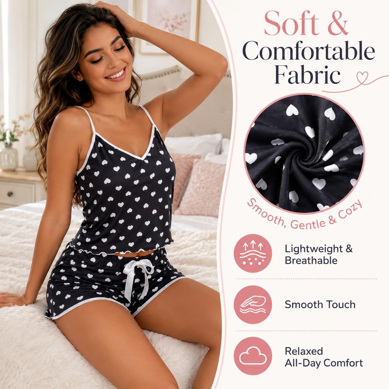 Women's Cami Pajama Set - 2 Pieces Cute Print Sleepwear with Spaghetti Strap Top and Ruffle Trim Shorts Lounge Set Black at Amazon Women's Clothing store