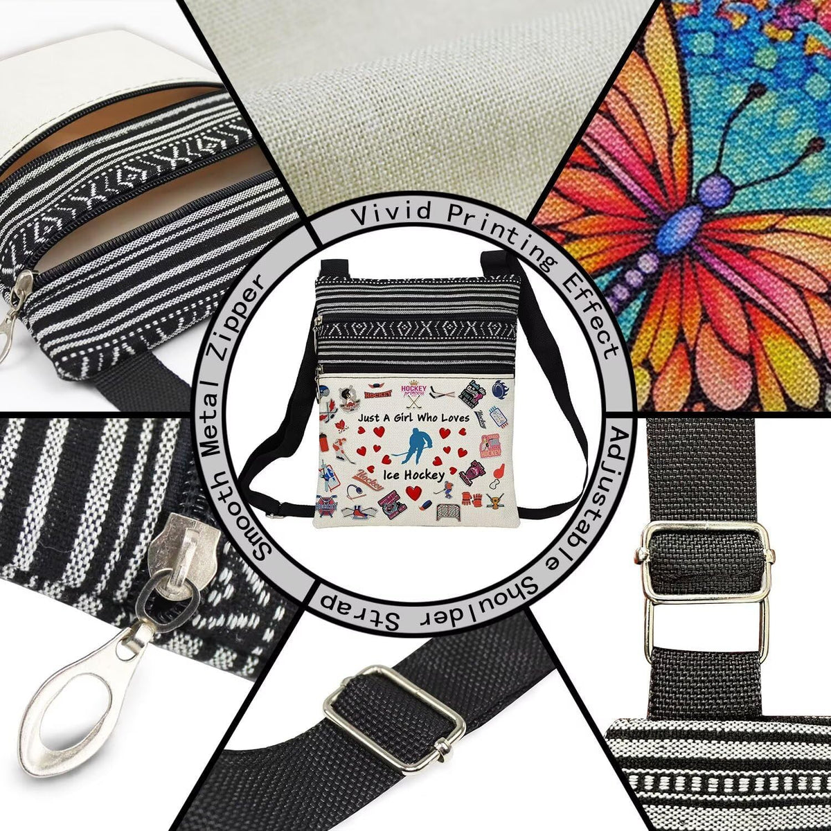 LiuenMgg Just Love Ice Hockey Printed Small Ethnic Crossbody Bag | Sling Messenger Bag. Adjustable Strap Boho Zipper Purse. Just Love Ice Hockey Present for Women