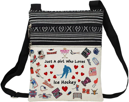 LiuenMgg Just Love Ice Hockey Printed Small Ethnic Crossbody Bag | Sling Messenger Bag. Adjustable Strap Boho Zipper Purse. Just Love Ice Hockey Present for Women