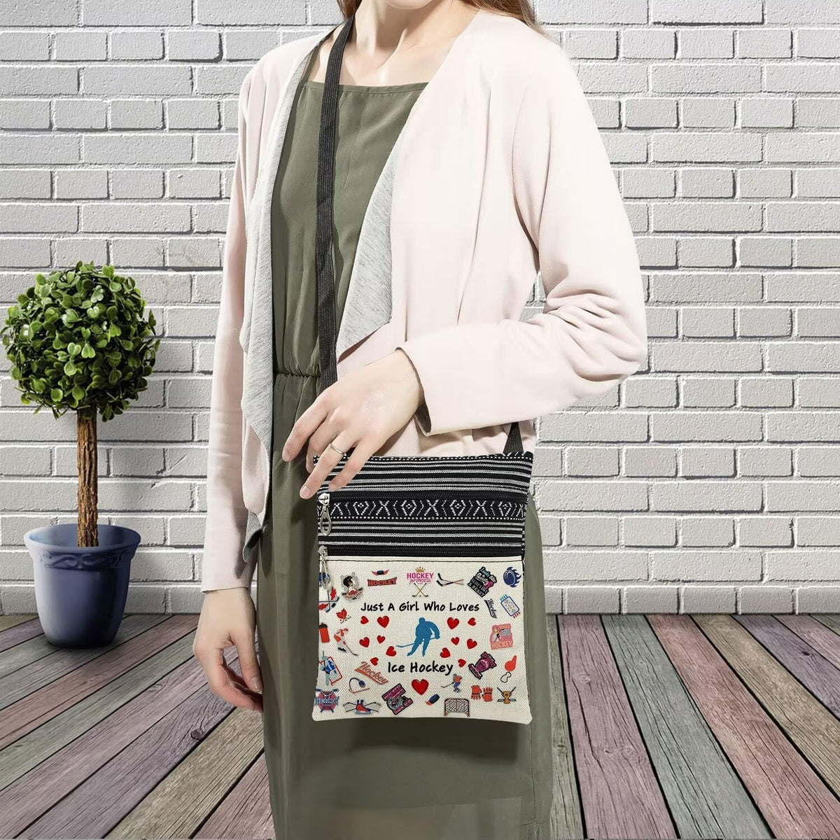 LiuenMgg Just Love Ice Hockey Printed Small Ethnic Crossbody Bag | Sling Messenger Bag. Adjustable Strap Boho Zipper Purse. Just Love Ice Hockey Present for Women