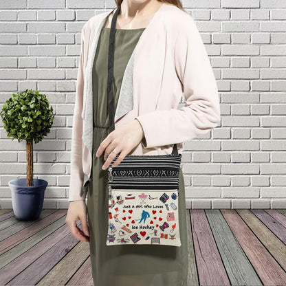 LiuenMgg Just Love Ice Hockey Printed Small Ethnic Crossbody Bag | Sling Messenger Bag. Adjustable Strap Boho Zipper Purse. Just Love Ice Hockey Present for Women