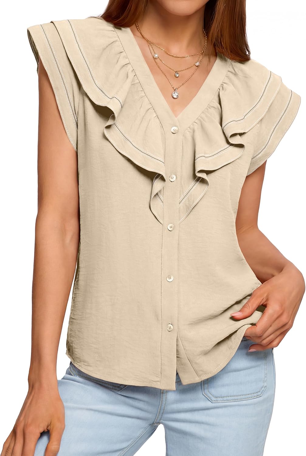 BerryGo Women's Summer Ruffle Button Down Tops Casual Dressy V Neck Blouse Trendy Fashion Cap Sleeve Shirt for Work Vacation Beige S