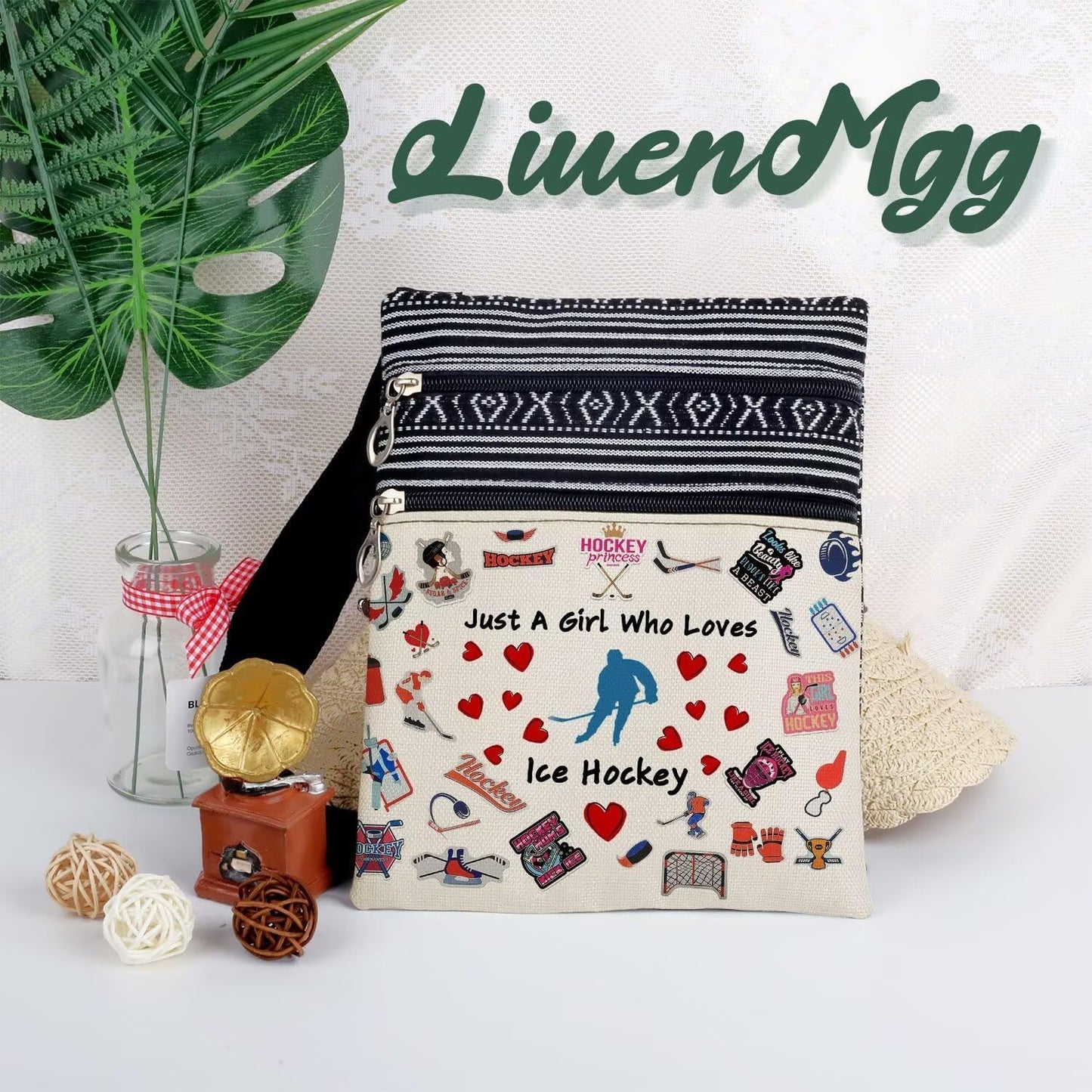 LiuenMgg Just Love Ice Hockey Printed Small Ethnic Crossbody Bag | Sling Messenger Bag. Adjustable Strap Boho Zipper Purse. Just Love Ice Hockey Present for Women