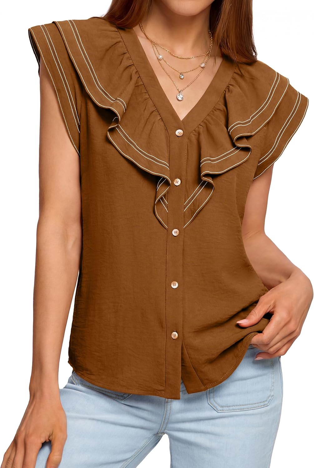 BerryGo Women's Summer Ruffle Button Down Tops Casual Dressy V Neck Blouse Trendy Fashion Cap Sleeve Shirt for Work Vacation Beige S
