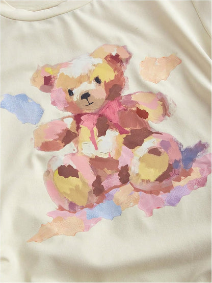 Women's Cartoon Bear Print Crop T Shirt Tie Side Ruched Tee Shirt Short Sleeve Crew Neck Top Apricot X-Small at Amazon Women's Clothing store