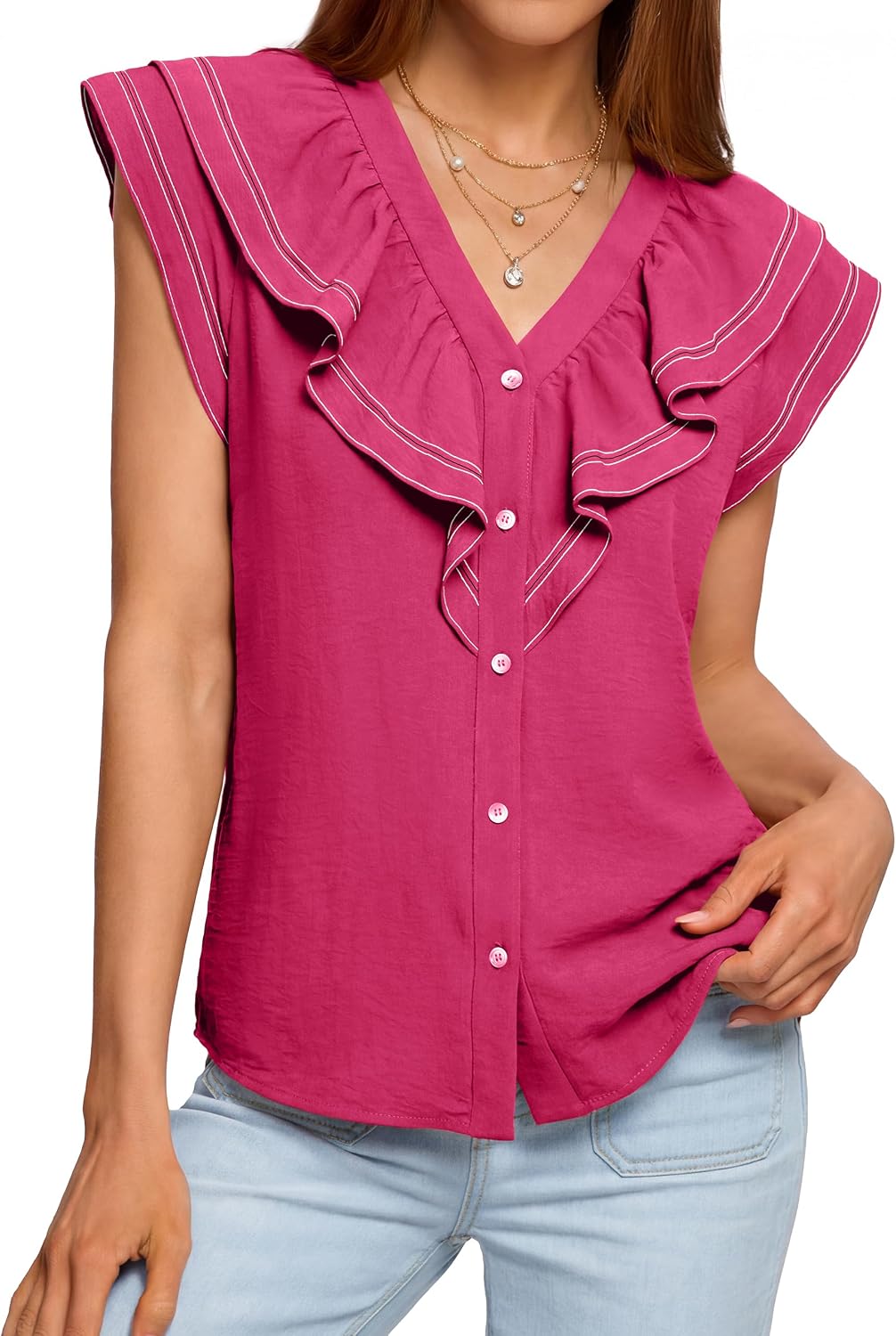 BerryGo Women's Summer Ruffle Button Down Tops Casual Dressy V Neck Blouse Trendy Fashion Cap Sleeve Shirt for Work Vacation Beige S